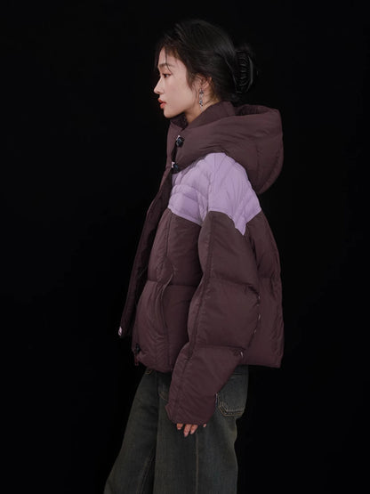 Color Blocking Hooded Loose Down Jacket F