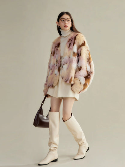 Contrast Color Eco-friendly Fur Short Furry Coat