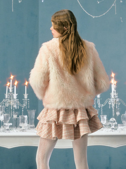 Smudged Pearl Lace Short Imitation Fur Coat