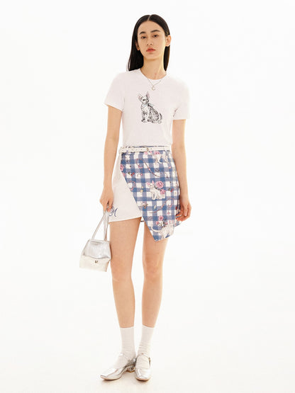 Plaid Print Stitching Asymmetric A-line Skirt