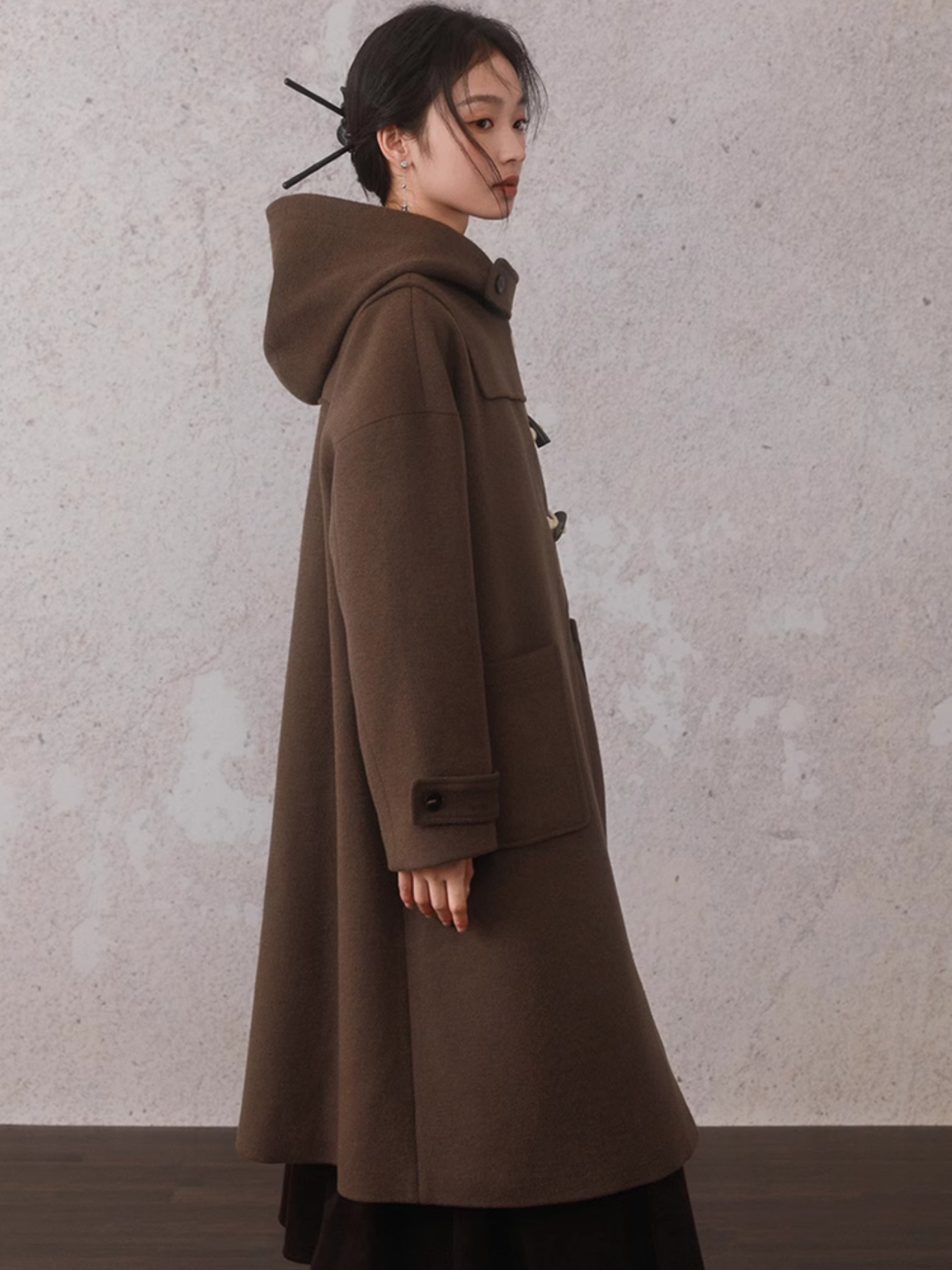 Horn Button Hooded Mid-Length Coat