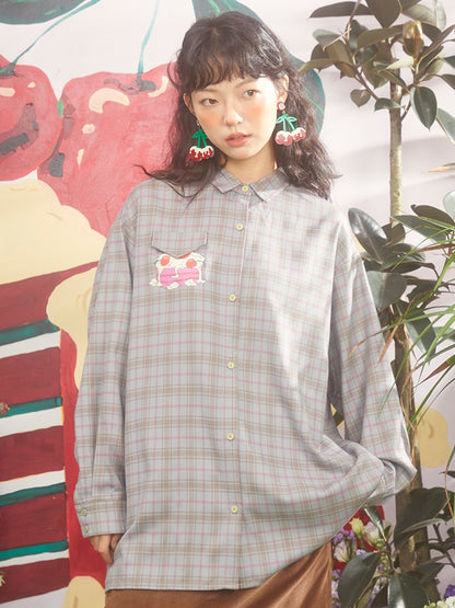 Cherry Cream Cake Print Plaid Loose Shirt