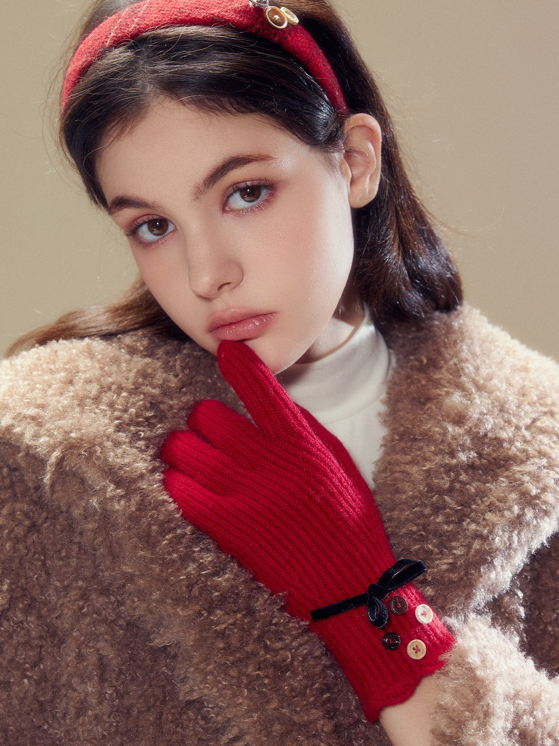 Bow Hand-button Knitted Five-finger Gloves