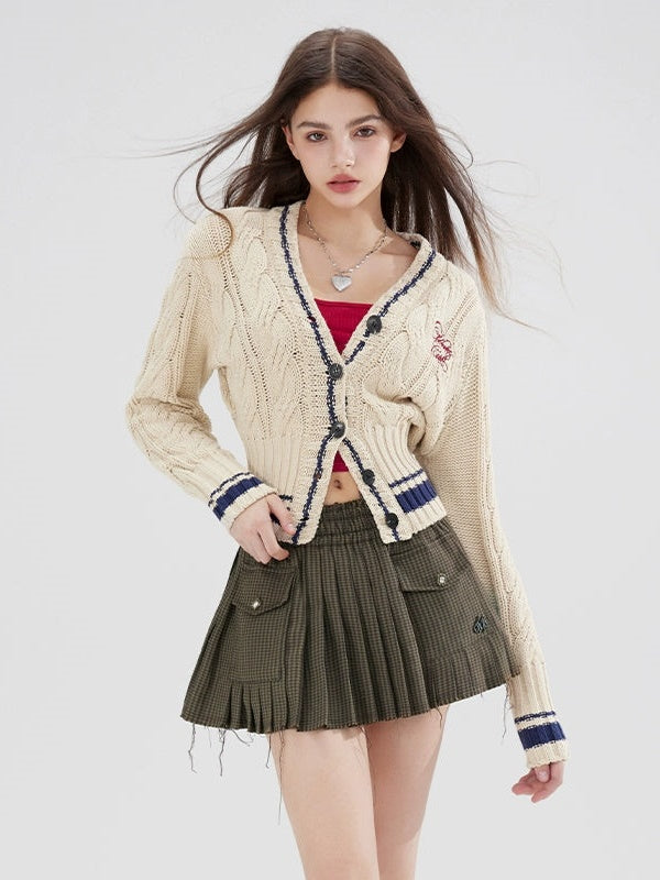 College Style Cable Knitted V-neck Short Cardigan