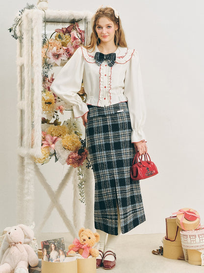 Checked I-Line Slit Mid-Length Skirt &amp; Ribbon