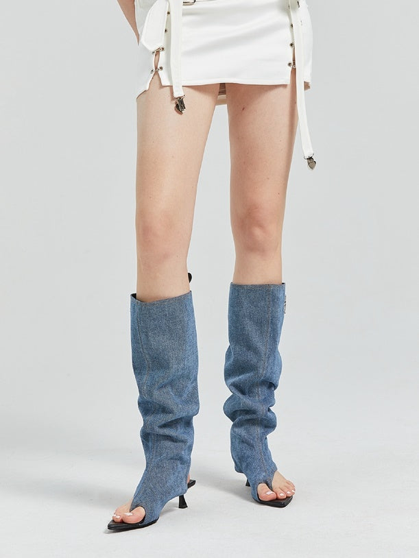 Denim Pin Heel Boot Sandal