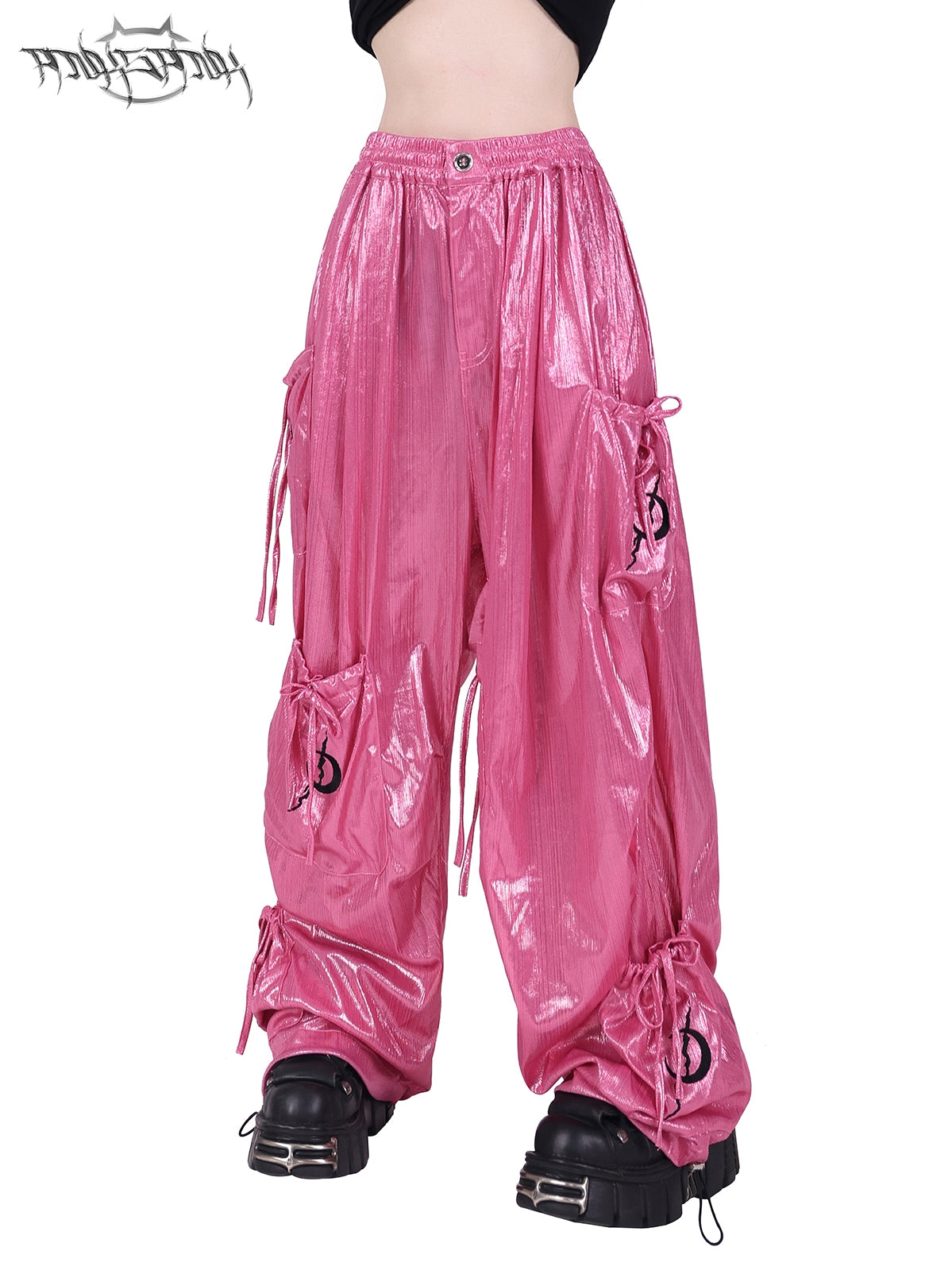 Glossy Metallic Drawstring Vasual Wide-Pants