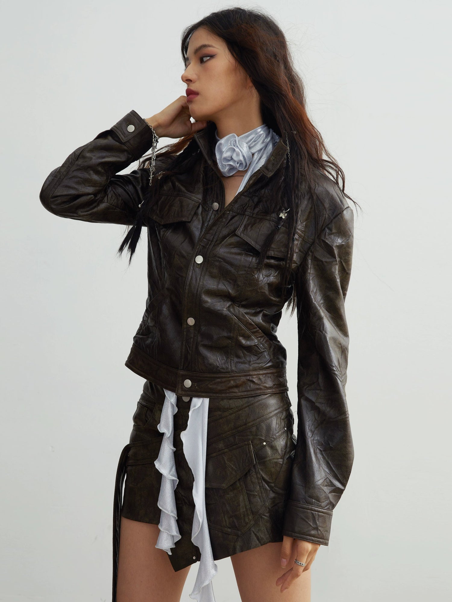 Wrinkled Texture Imitation Leather Slim Jacket