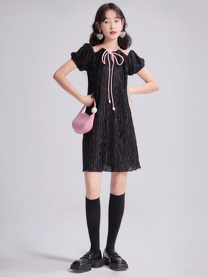 Pleated Cut-shoulder Short-sleeved One-piece