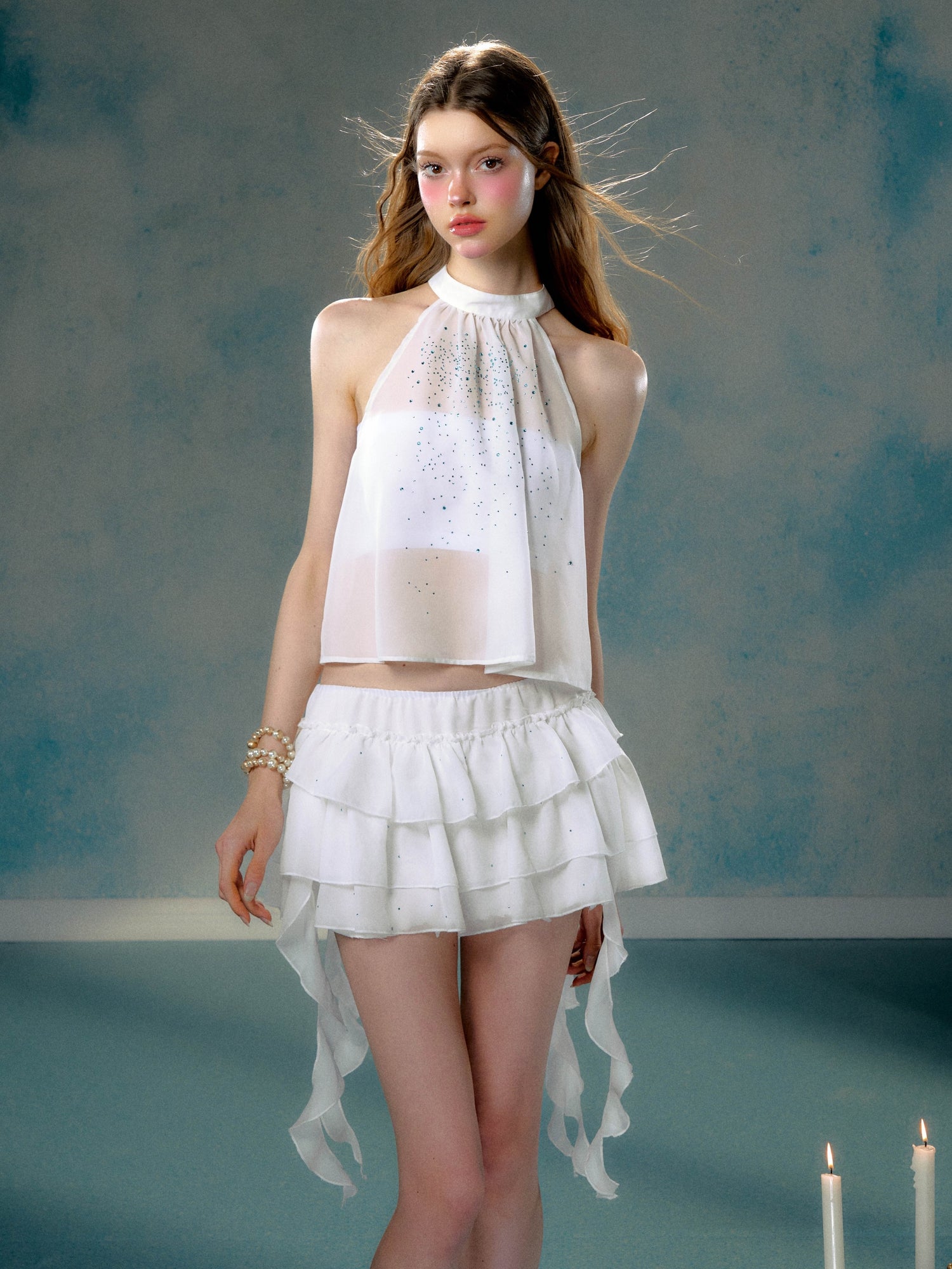 Starry Transparent American Sleeve Top &amp; Ruffle Cake Short Skirt