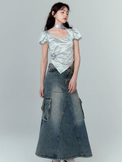 Washed Pocket Decoration A-Line Denim Skirt