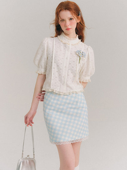 Stand Collar Jacquard Lace French Short-sleeved Shirt