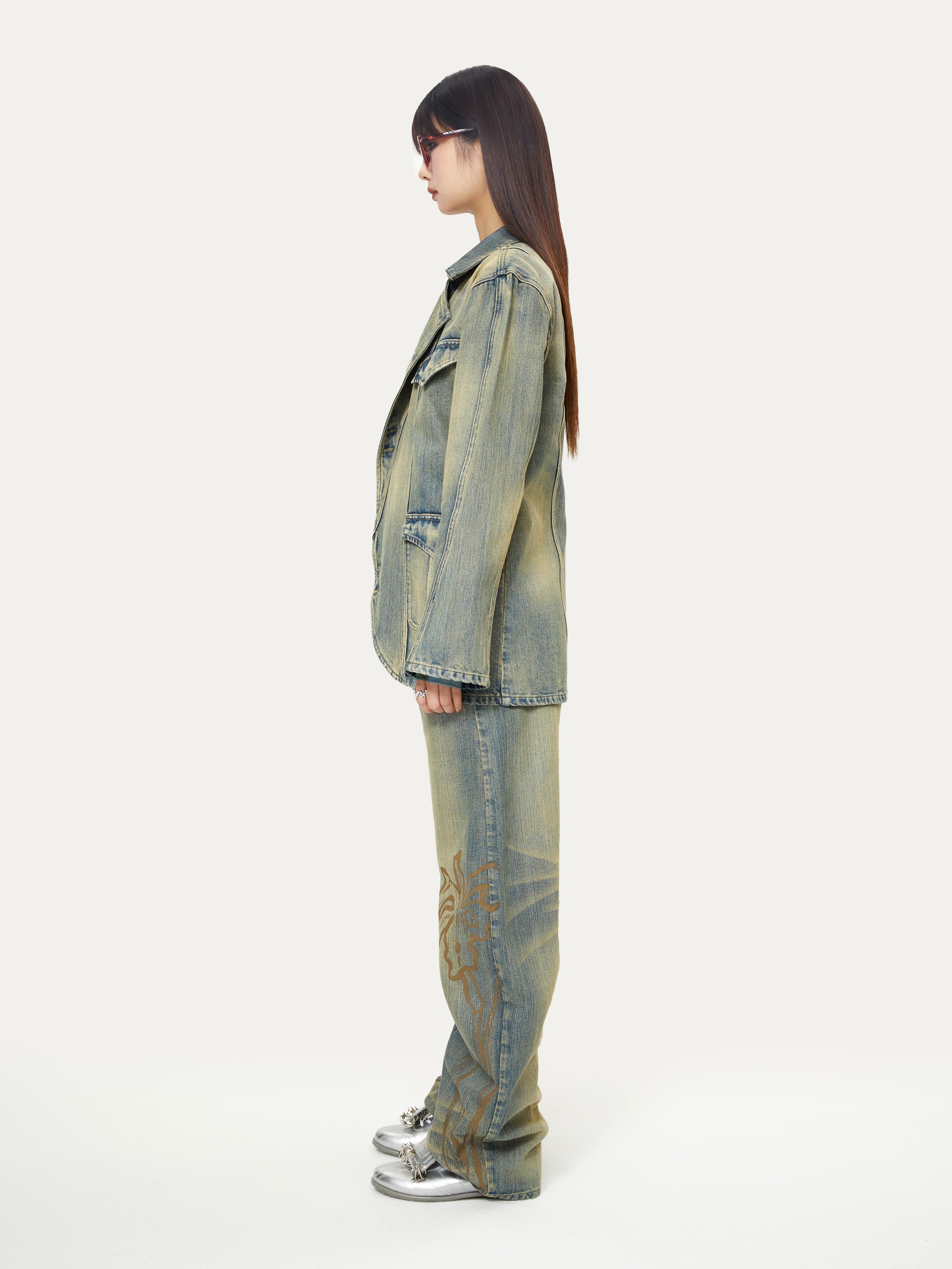 Distressed Deconstructed Casual Denim Jacket ＆ Curve Denim Pants