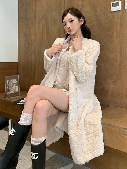 Double-breasted Long Eco-Friendly Fur Plush Jacket