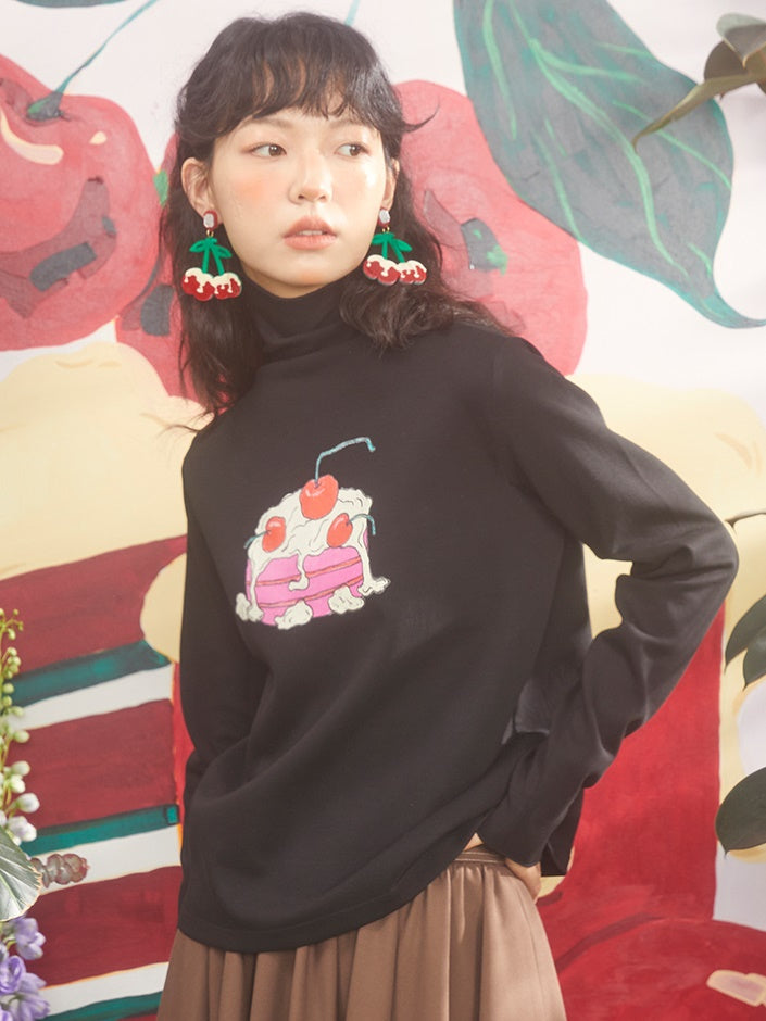 Cherry Cream Cake Print Counding Fotting Shirt