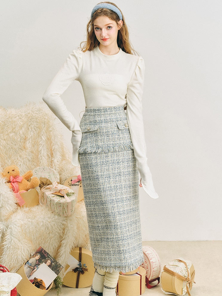 Loose Silhouette Tweed No-Collar Jacket ＆ Mid-Length Skirt