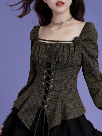 Plaid Lace-Up Irregular Hem Top