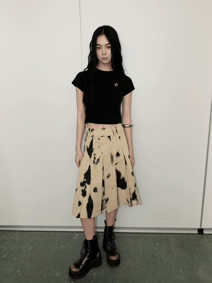 Branches and Leaves Mottled Print Pleated Work Skirt