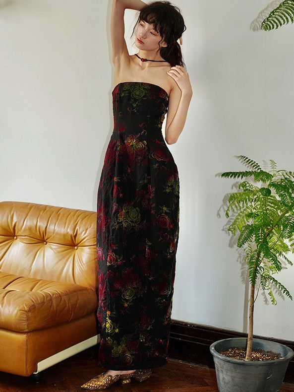 Flocking Strapless Floral Dress