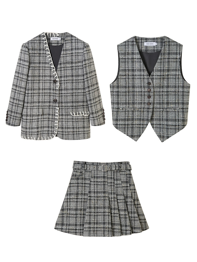 Woven Plaid No-Collar Jacket ＆ Vest ＆ Pleated Skirt