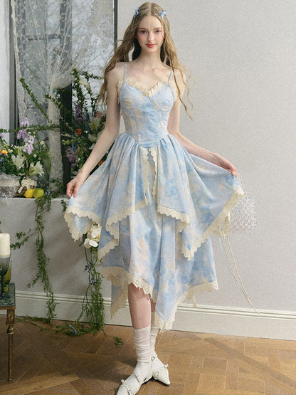 Oil Painting Floral French Suspender Dress