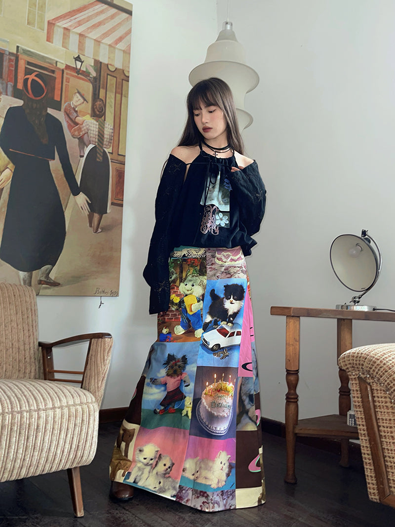 Cute Cat Cake Birthday Print Casual Long Skirt