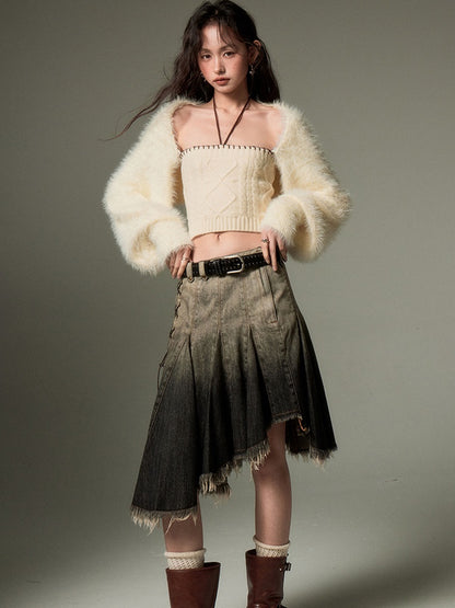 Gradient Bandage Irregular Hem Denim Skirt