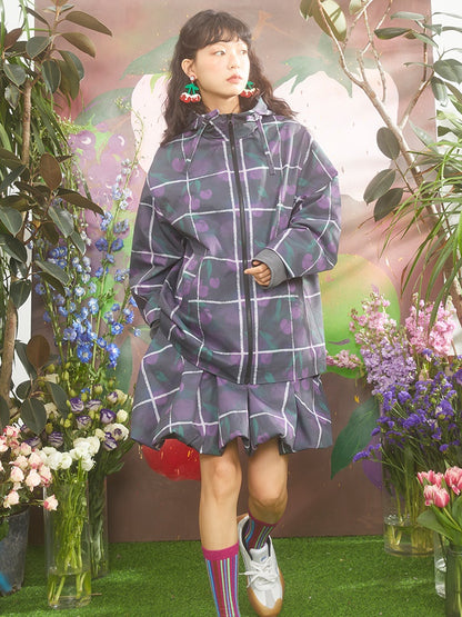 Gradient Cherry Plaid Printed Hooded Windbreaker Jacket &amp; Flower Bud Skirt