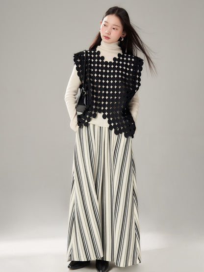 Easy Chic Grainy Texture Striped Knitted POLO Shirt ＆ Skirt