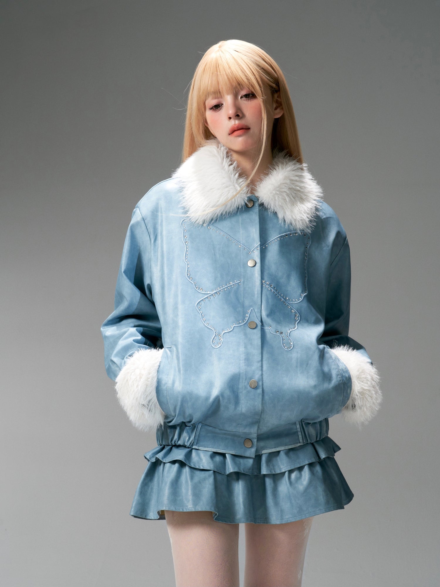 Butterfly Permed Fur Brushed PU Leather Jacket &amp; Cake Mini Skirt