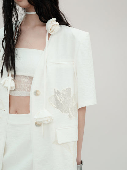 Carved Lace Embroidery Jacket ＆ Camisole ＆ Short Skirt