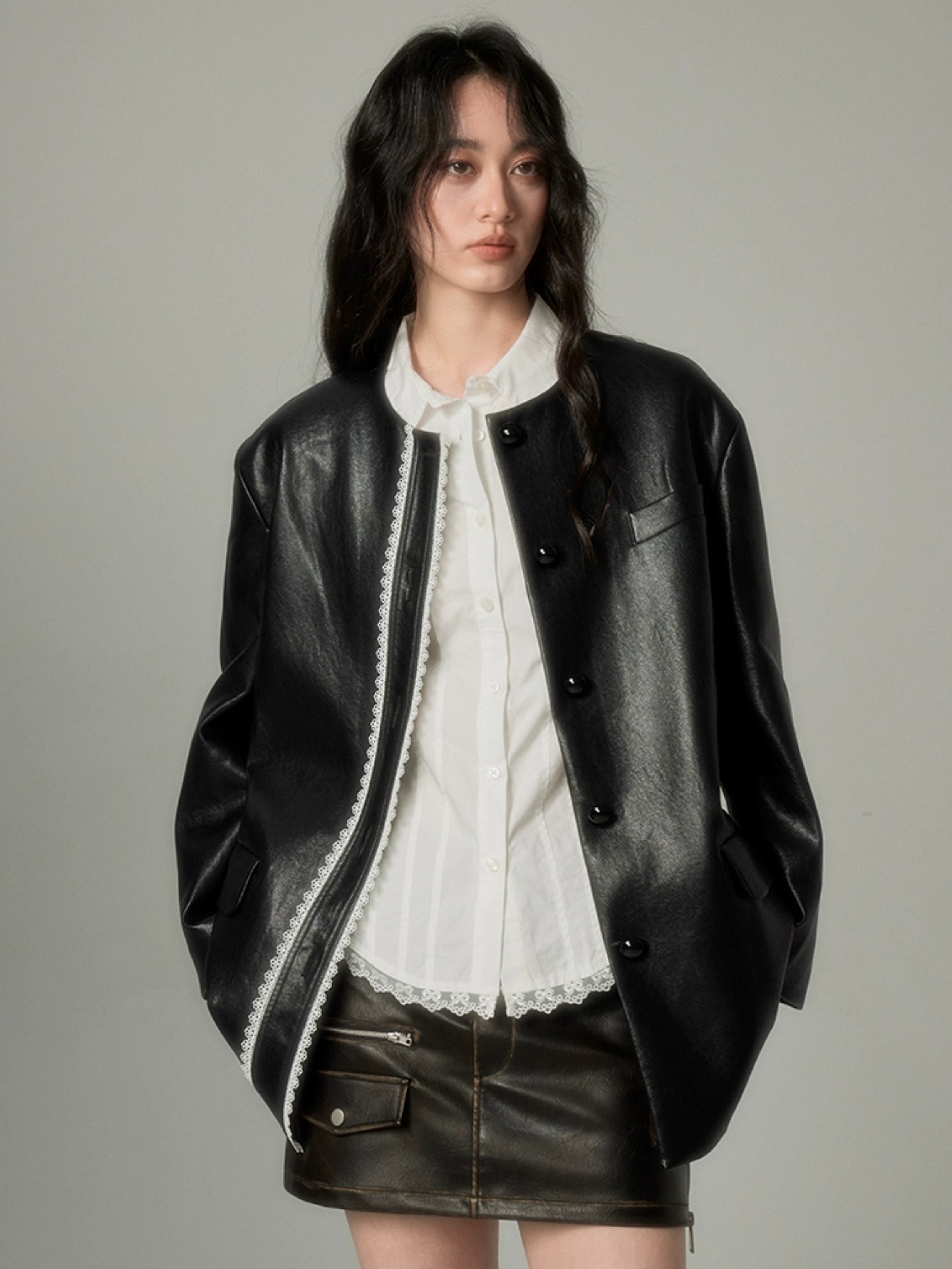 Detachable Fake Collar Lace Leather Jacket