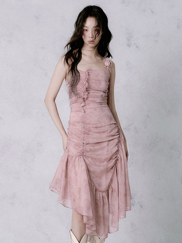 Rose Asymmetrical Wrinkled Suspender Dress