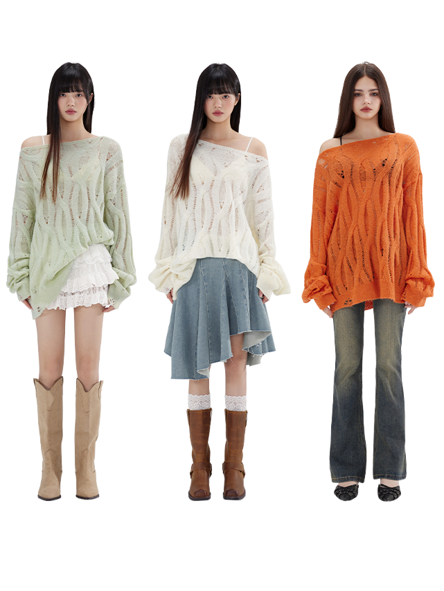 OverSize Hollow Boat-Neck Sweater