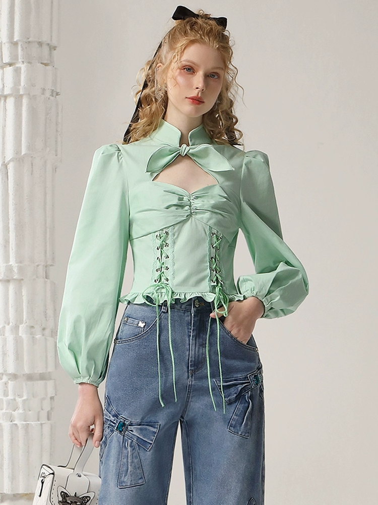 Front-Cut Balloon-Sleeve Lace-Up Bustier Mao-Collar Blouse