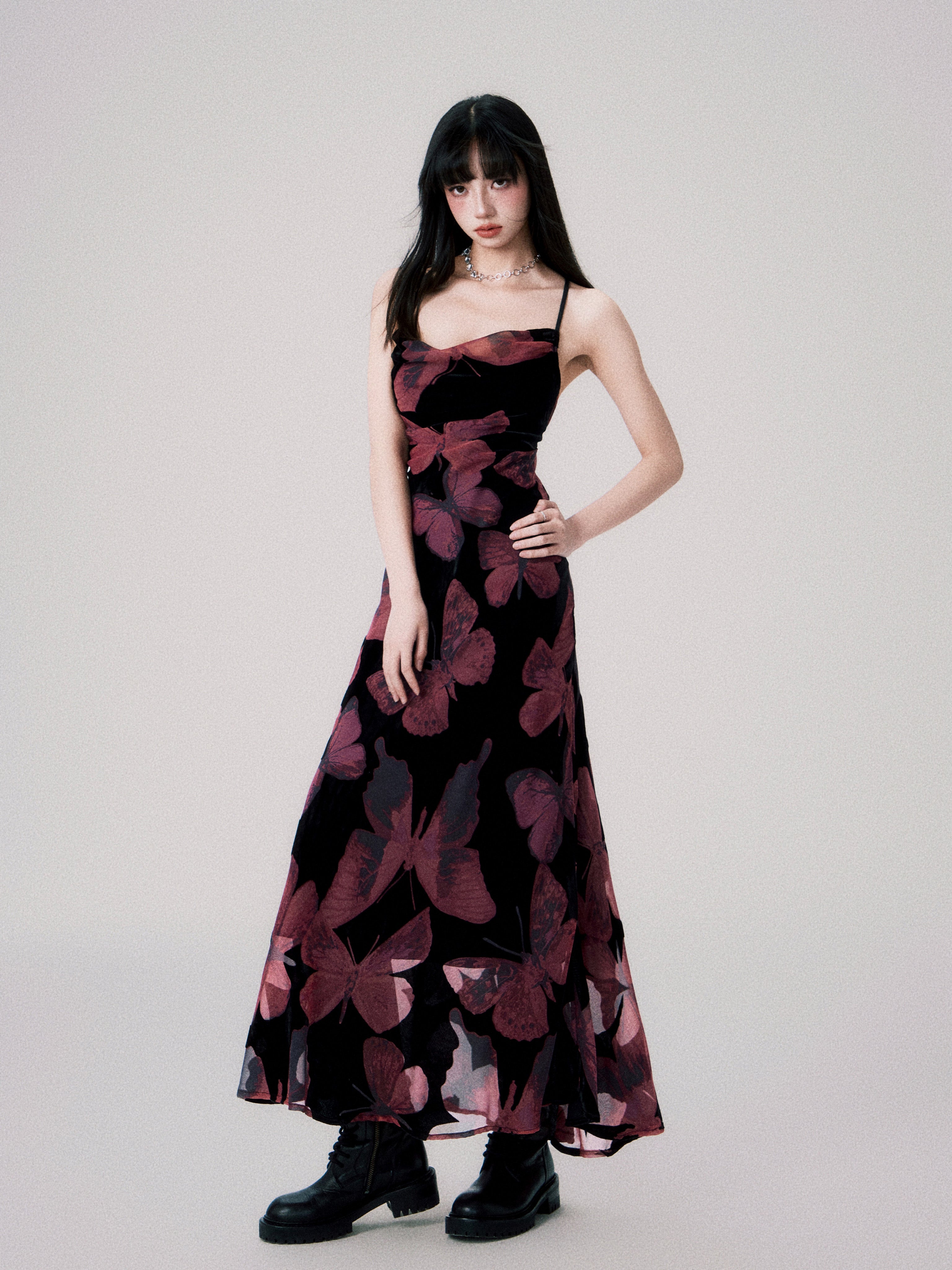 Velvet Butterfly Swing Collar Backless Strap Dress