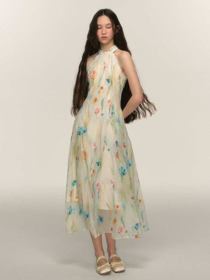 Chinese Style Ink Tulip American Sleeve Dress