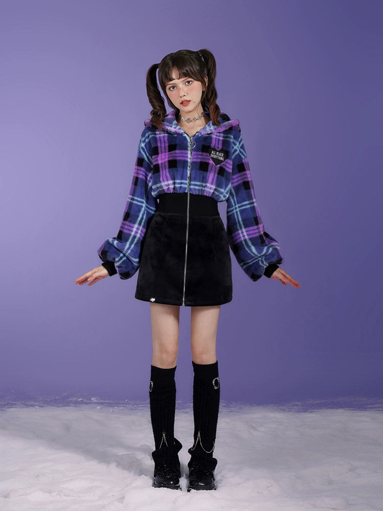 Plaid Fur Plush Switching Design Hooded Dress