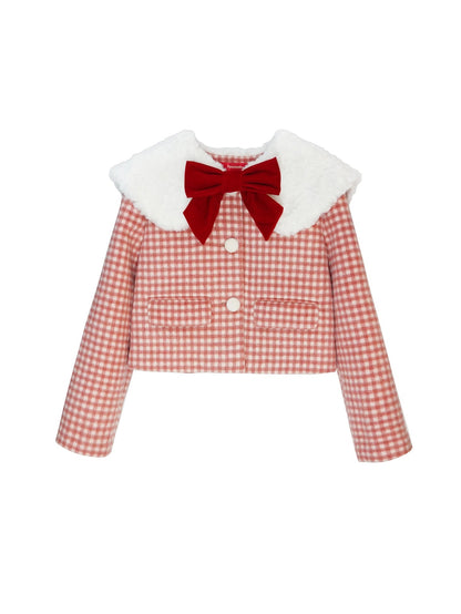 Retro Gingham Plaid Big Kragenjacke und Faltenrock