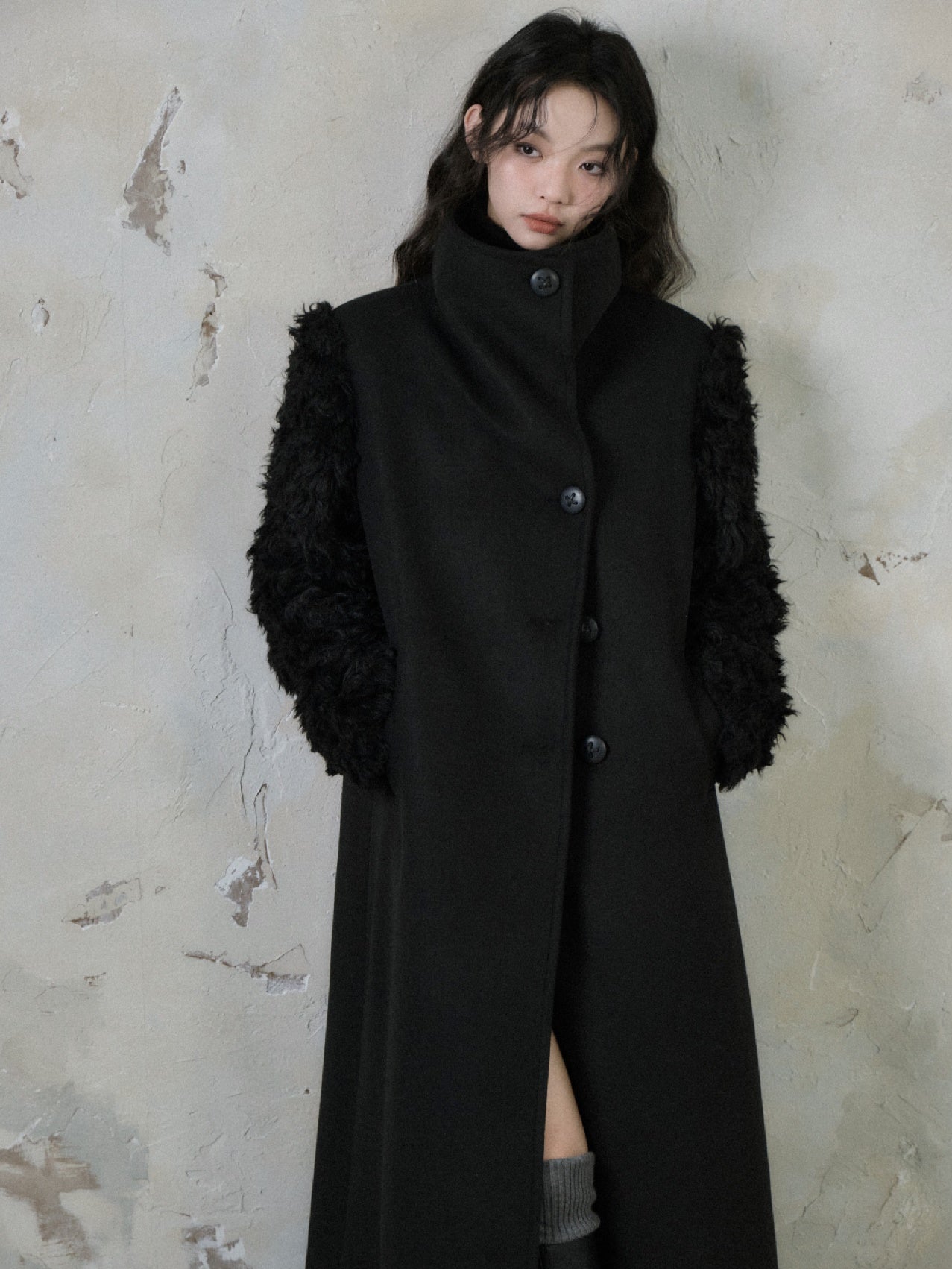 Plush Fur Sleeve Splicing Stand Collar Coat