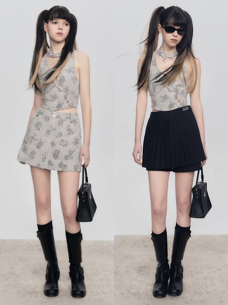 Floral Halter-neck Vest Top &amp; Short Skirt Set-up