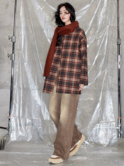 Plaid No-Collar Double-sided Coat