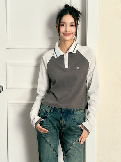 Embroidery Casual Polo Collar Long-sleeved Top