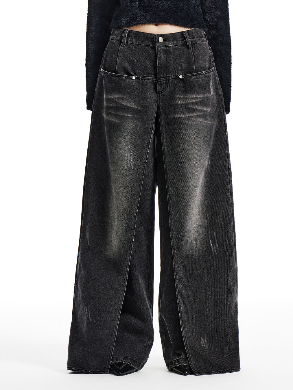 Washed Layered Design Wide-leg Jeans