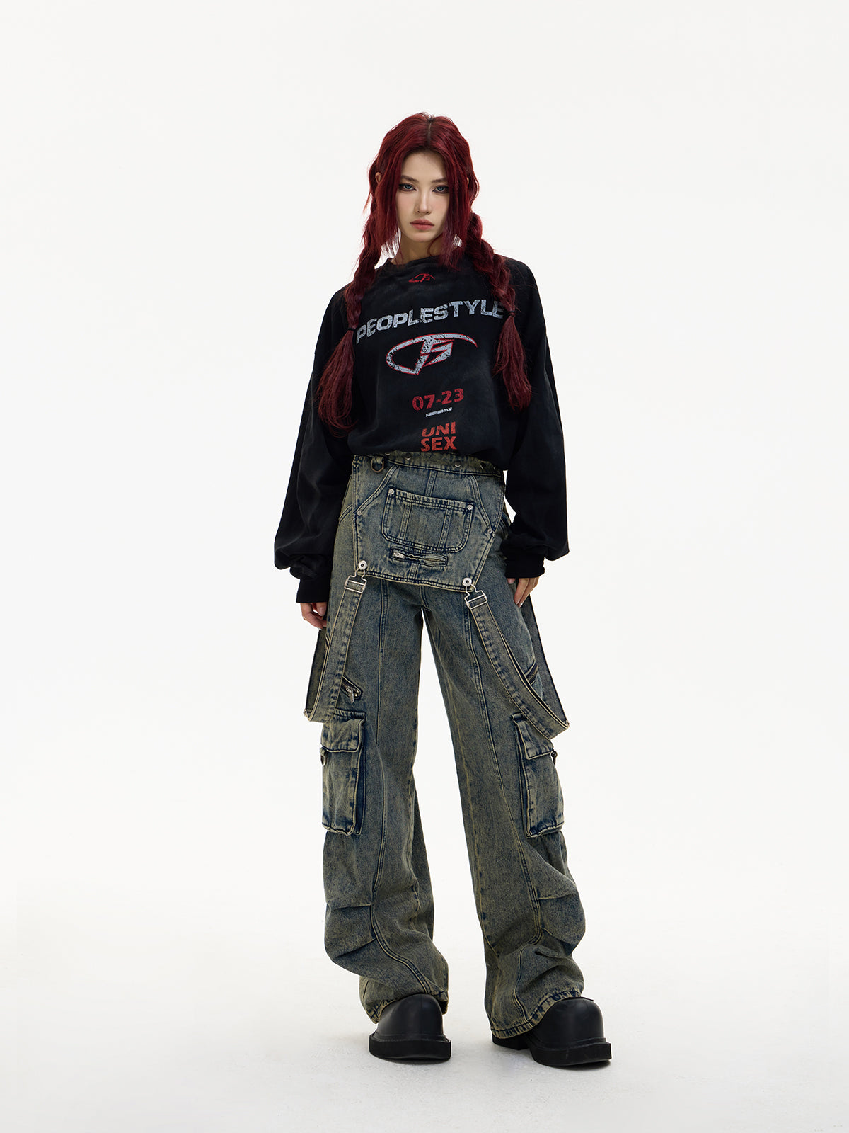 Detachable Distressed Washed Multi-pocket Salopette Pants