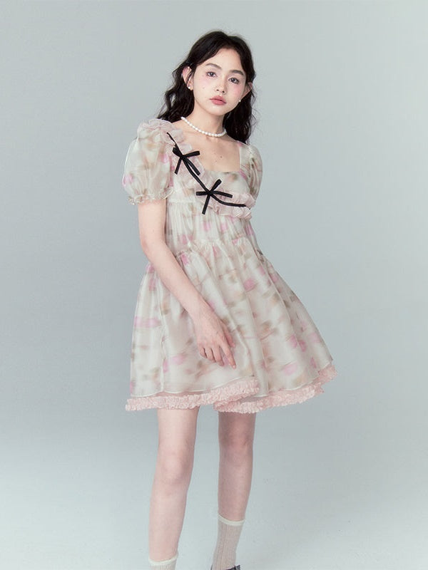 Puff Sleeve Bow Knot Floral Dress