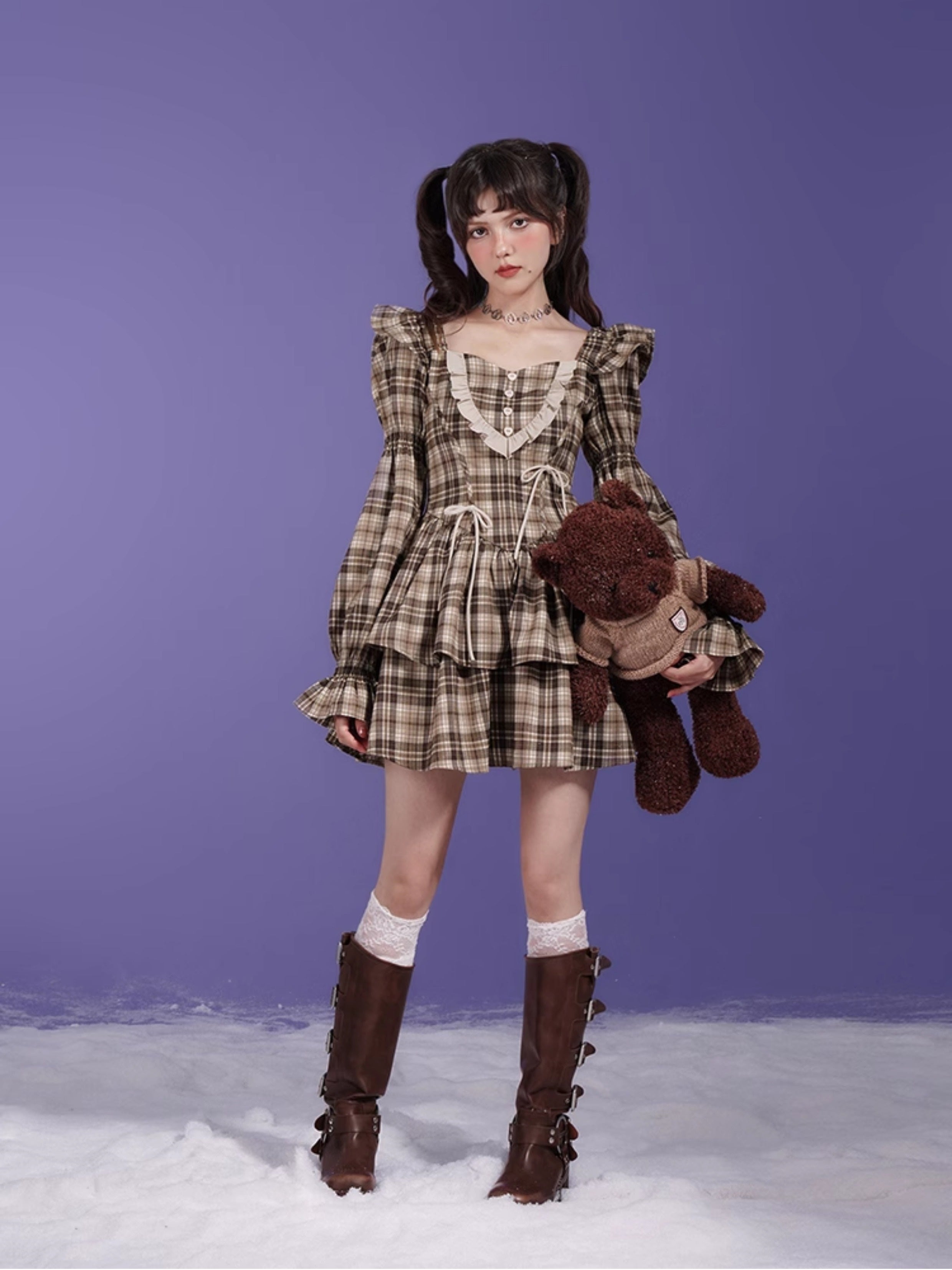 Plaid Bow Small Flying Sleeve Dress