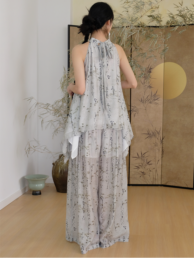 Chinese Style Straight Printed Wide-leg Pants