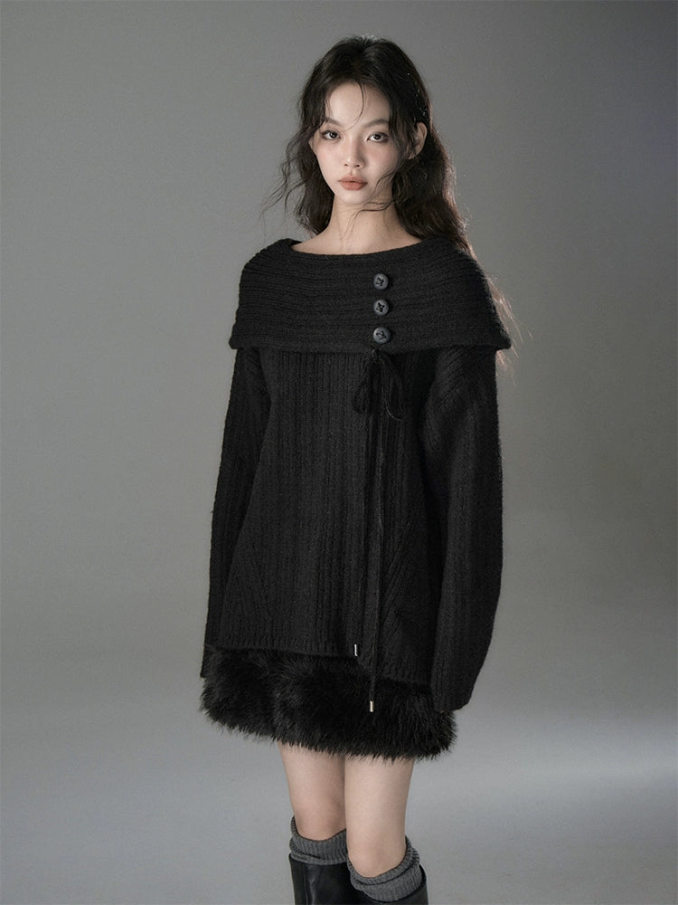 Button Accent One Shoulder Loose Knitted Sweater