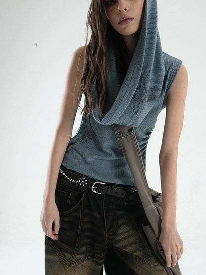 Hooded Swing Collar Knitted Sleeveless Top